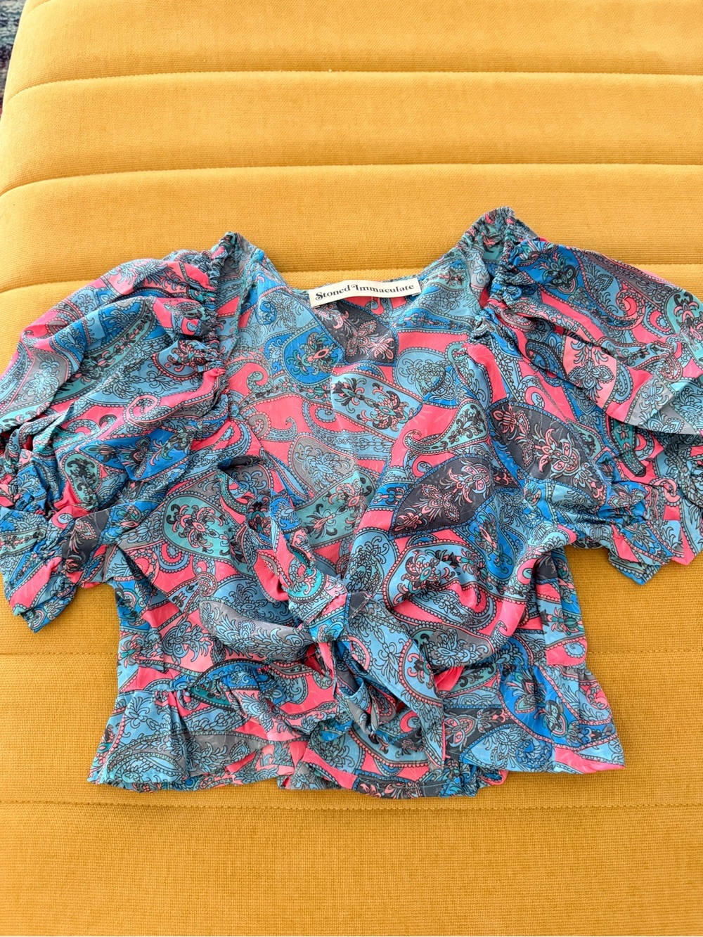 Stoned Immaculate Pink & Blue Paisley Ruffle Tie-Front Top